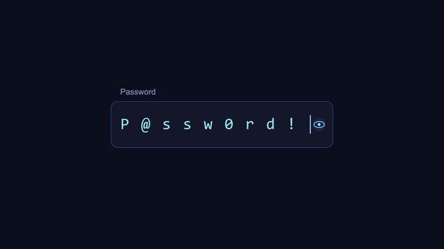 Secure password input field typing animation with eye for user authentication and cybersecurity interface 4k
