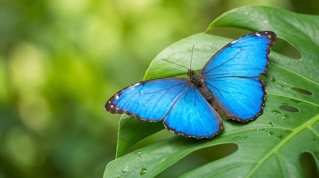 Blue morpho butterfly resting on green leaf