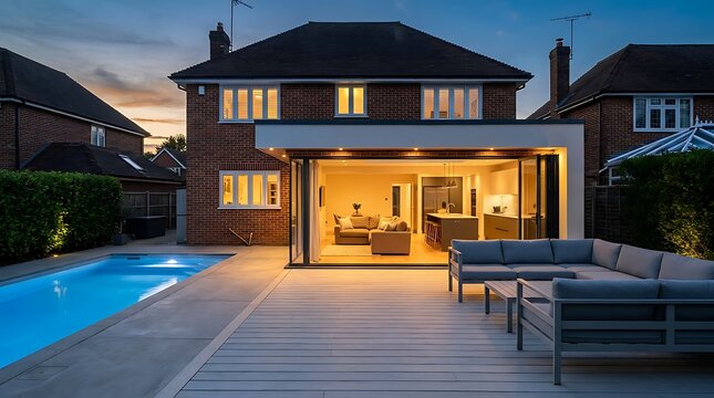 Rear view of a brick house at dusk with an illuminated open-plan living area, swimming pool, and grey wooden deck with outdoor sofa