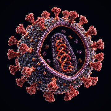 Coronavirus Viral Particle with Exposed RNA Genetic Material, Medical Science Illustration