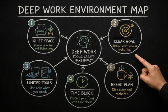 A diagram illustrates a Deep Work Environment Map with numbered steps and concepts like Quiet Space, Clear Goal, Limited Tools, Time Block, and Break Plan.