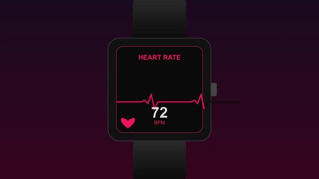 Smartwatch heart rate monitor display with animated pulse ekg line and bpm counter animation 4k