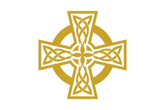 Yellow Celtic Cross Ornament with Knotwork isolated on transparent background christian emblem religion medieval