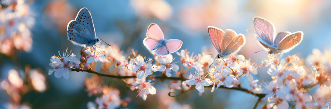 Pastel-colored butterflies on delicate spring flowers in a field with a space for text. Spring time.