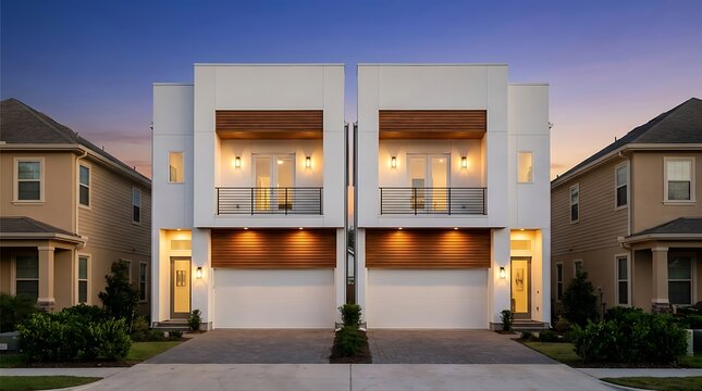 Symmetrical duplex residential building with white stucco walls, wood paneling, and illuminated balconies at twilight, front exterior view