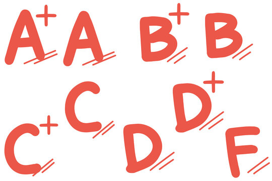 Hand Drawn School Grade Letters A+ B C D F Red Education Marks PNG Set