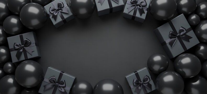 Top view of black gift boxes and christmas ornaments arranged as a frame on a dark background