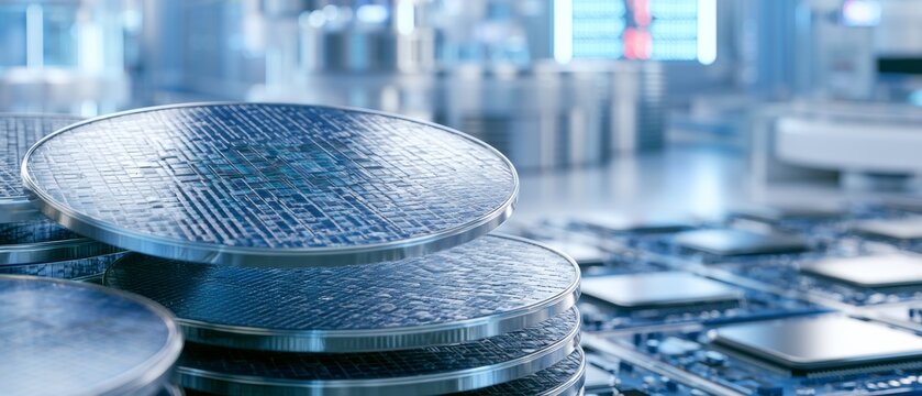 Stack of silicon wafers in a modern semiconductor manufacturing facility