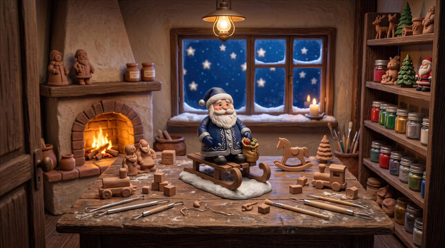 Handcrafted miniature Santa Claus in blue suit on a wooden sled inside a cozy magical workshop with glowing fireplace and traditional wooden toys