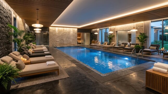 Luxury indoor swimming pool and spa relaxation area with lounge chairs