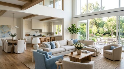 Fototapeta premium Spacious open-plan living area with modern kitchen and dining, bathed in natural light