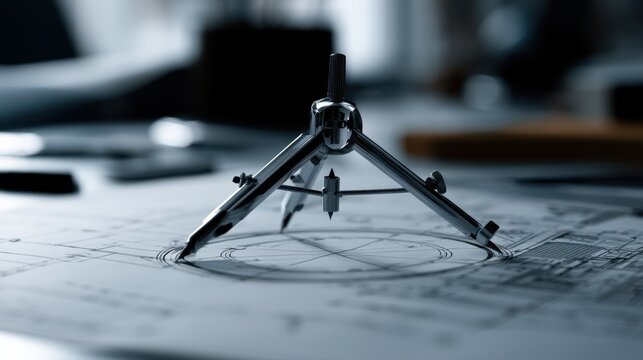 Metal drafting compass positioned on architectural blueprint with technical drawings and design tools in a modern workspace environment