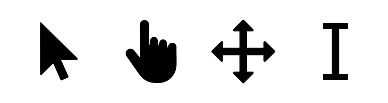 Cursor tool icon set with pointer, hand, move and text cursor symbols. Mouse pointer and editing control icons in solid black glyph