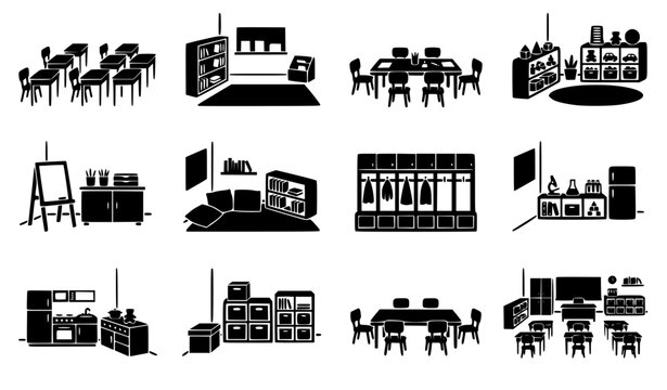 Modern interior office furniture and workspace floor plan silhouette icon set collection featuring conference tables desks chairs shelves and office equipment elements