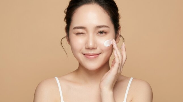 Extreme close-up luxury skincare beauty portrait of the lower half of a young Asian woman's face, featuring flawless porcelain skin with a luminous glass-skin finish.
