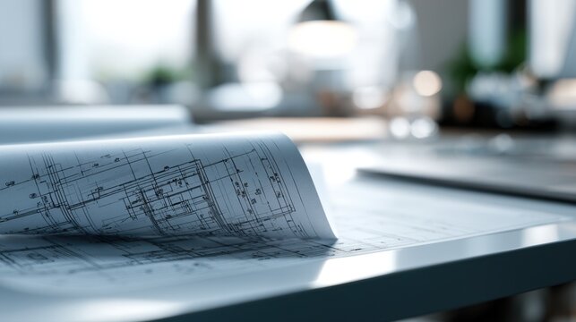 Architectural blueprint gently rolled on modern office table with blurred workspace and laptop in the background for engineering planning and design concepts