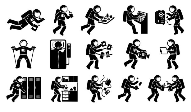 Astronaut spacewalk and spaceship routine vector icons set showing cosmonauts working with panels repairing engines sleeping floating and operating high tech computers, 19 words.