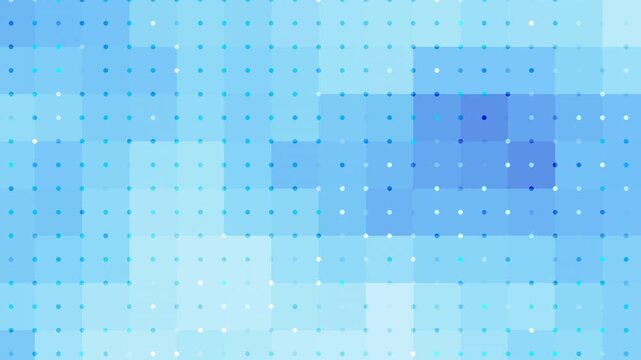 Abstract blue geometric pixelated loop background with grid of shifting dots and transparent overlapping elements in motion