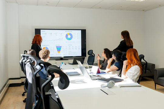 MBA students analyze business data during classroom presentation