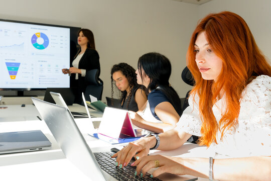 MBA students analyze business data during classroom presentation