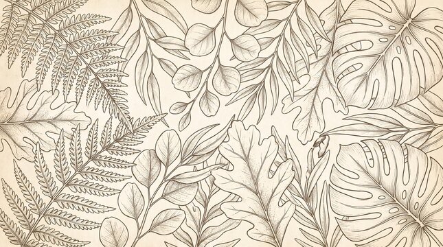 Vintage botanical line art background with monstera fern and eucalyptus leaves