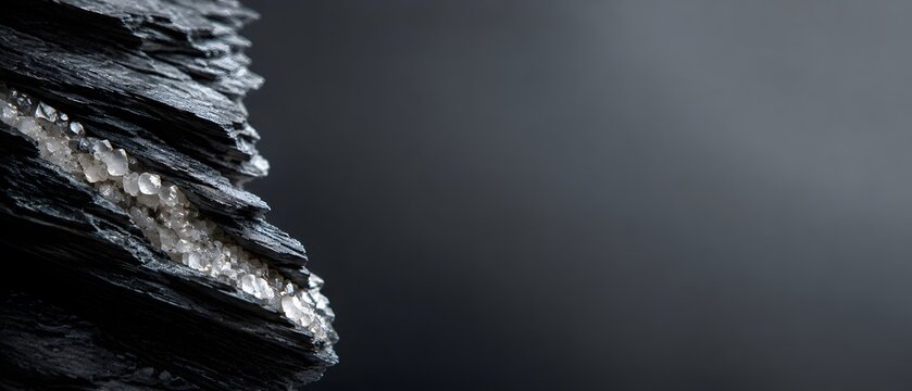 Macro close up of raw diamond crystal vein in black carbon mineral matrix rock, advanced material science nanotechnology and luxury jewelry geology concept with large copy space