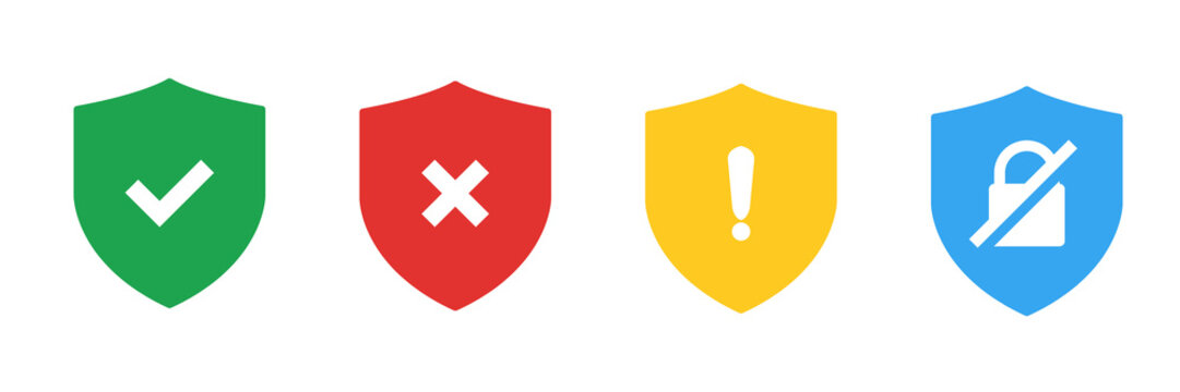 Set of shields with protection, warning, risk, access, control, safety alert