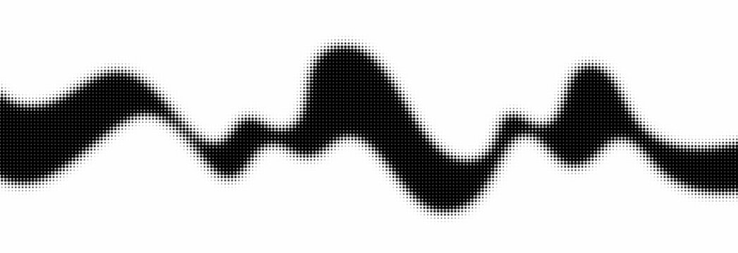Halftone wavy pattern, monochrome dotted background. Vector abstract dynamic wave, curved line, ribbon pattern. Halftone background. Dot gradient, abstract line. Vector backdrop