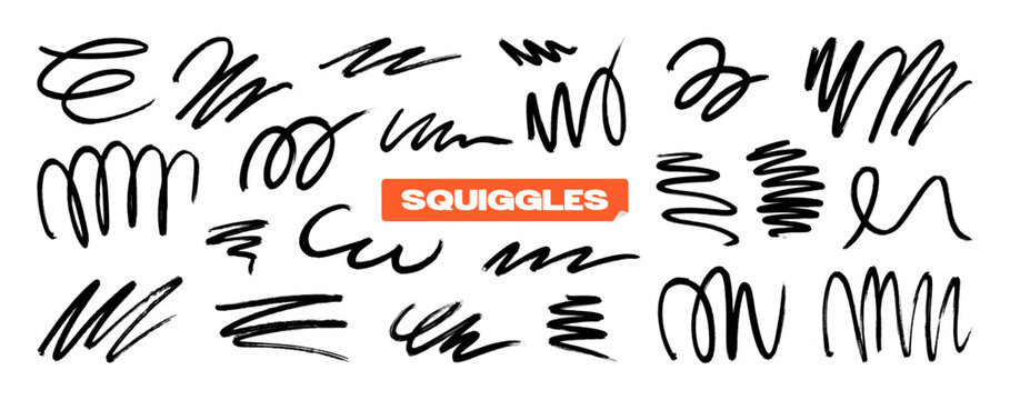 Hand-drawn squiggles and scribble marks set. Chaotic wavy lines, loops, brush strokes and abstract ink scribbles isolated on a white background. Playful bold squiggles, curls, curves. Vector set