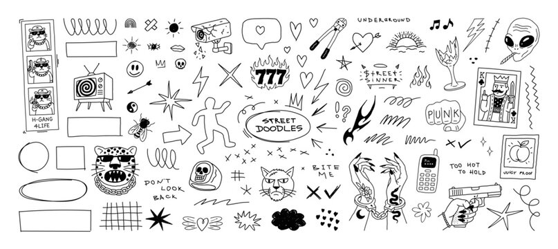 Hand drawn street doodle set with graffiti stickers, skulls, flames, hearts, stars, cats, tattoo flash and slogans. Black ink sketch, doodles elements. Funny charters, scribbles, shapes. Vector set