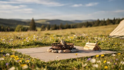 Obraz premium Bright open meadow tent site pad and fire ring centerpiece with blurred distant hills and scattered wildflowers enhancing the inviting outdoor space.