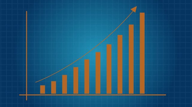 Symbolizing rising profits, success, and positive business performance, animated orange  bar chart graph with rising trend arrow on a clean blue background, 4k video.