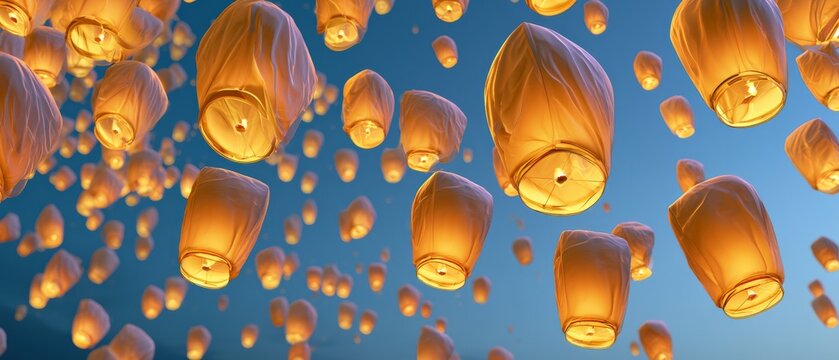 Sky filled with floating lanterns during a festival at night in a clear sky