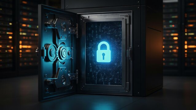 Open digital vault with glowing padlock symbol representing secure data storage and cybersecurity protection