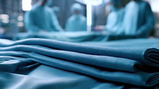 Sterile surgical drapes folded and ready on a table in the operating room with medical team preparing in the background for surgery