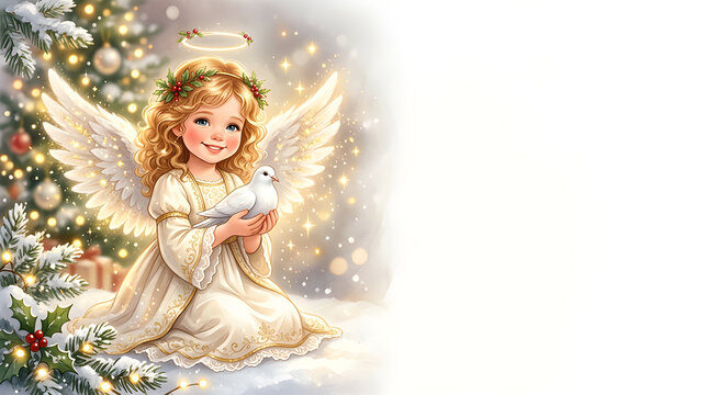 Cute Christmas angel holding a white dove, soft golden sparkles around the wings, positioned on the left side, expansive blank white area for festive wishes.