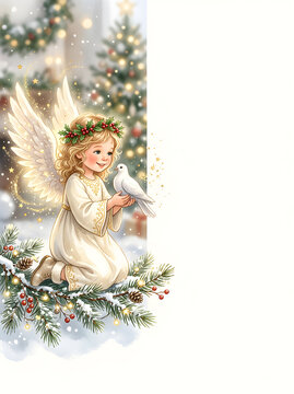 Cute Christmas angel holding a white dove, soft golden sparkles around the wings, positioned on the left side, expansive blank white area for festive wishes.