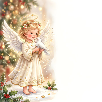 Cute Christmas angel holding a white dove, soft golden sparkles around the wings, positioned on the left side, expansive blank white area for festive wishes.