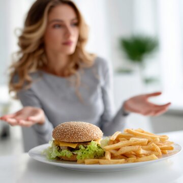 Woman hesitating between enjoying a fresh cheeseburger with lettuce and a large serving of crispy golden fries at bright modern dining table