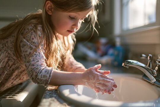 Little girl washing hands in sink, soap bubbles.