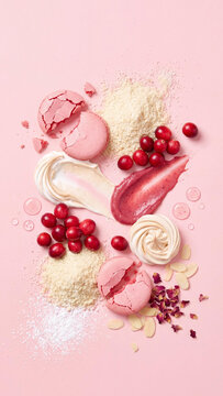 Beautiful flat lay composition of pink macarons, berries, cream and gel smears, almond flakes, and powder on a pastel pink background, ideal for cosmetics or baking.