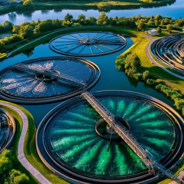 Aerial view of the tanks of a UK sewage and water treatment plant enabling the discharge and re-use of waste water and re-use of waste water 