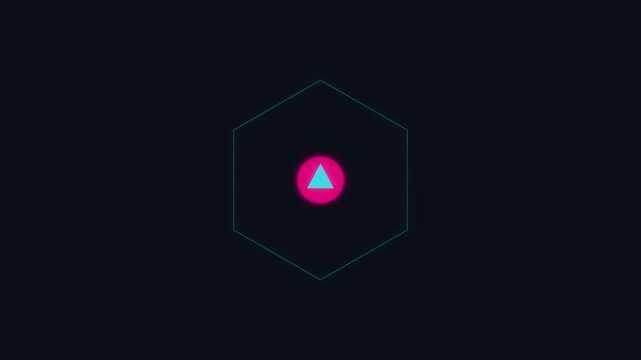 Abstract neon hexagon motion with pulsing geometric triangle and circular hud animation 4k motion hud