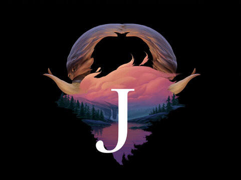 Intricate Fantasy Artwork Featuring an Artistic Letter 'J' Surrounded by Ethereal Landscape and Mystic Creatures, Reveling in Colorful Dreamscape Elements and Abstract Forms