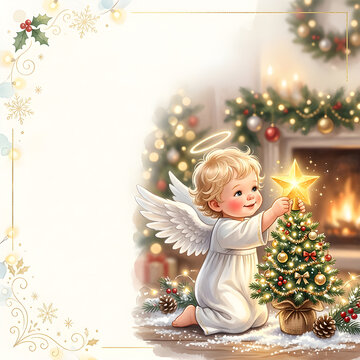 Baby angel placing a shining golden star onto a tiny Christmas tree located in one corner, premium greeting card composition with large copy space.