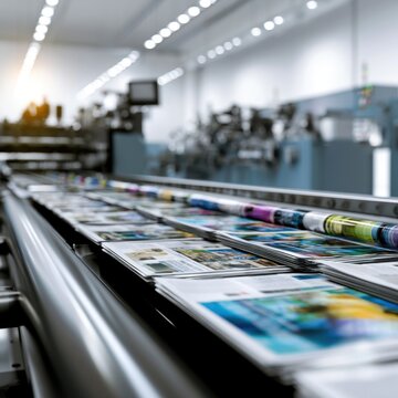 Modern industrial printing press producing vibrant, high-quality magazines in a bright, spacious factory with advanced machinery and automated processes