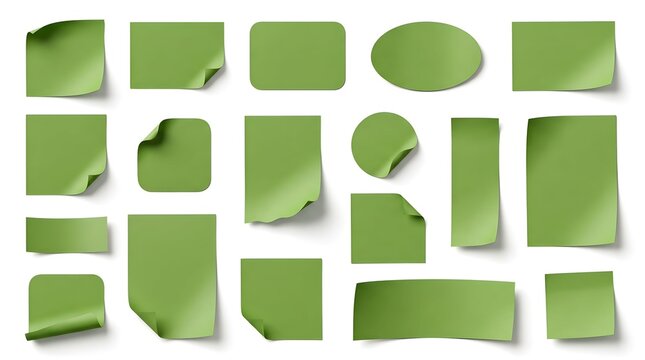 Green Blank Sticky Notes and Memo Pads Collection Isolated on White Background, Adhesive Paper Sheet Mockup Set