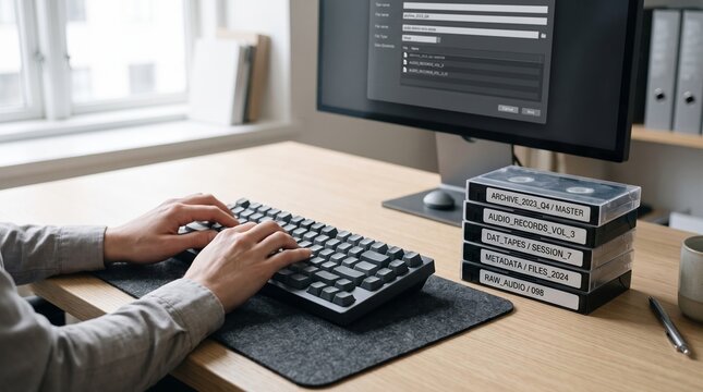 An archivist enters metadata on a computer beside labeled audio tape cassettes in an office. Concept digital preservation, media archives, data management and editorial use. Generative AI.