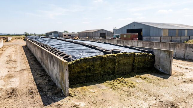 Forage preparation area with silage stored in concrete bunker, covered with black plastic and tires, surrounded by agricultural buildings and open farmland in the background