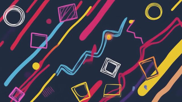 Vibrant Abstract Geometric Shapes and Wavy Lines on Dark Blue Background image photo